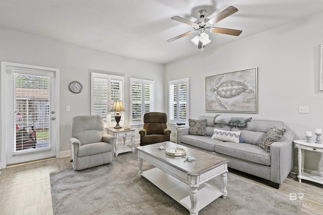 living room with ceiling fan and hardwood / wood-style flooring