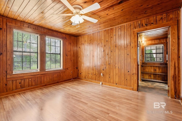 spare room featuring light hardwood / wood-style floors, wood walls, wooden ceiling, and ceiling fan