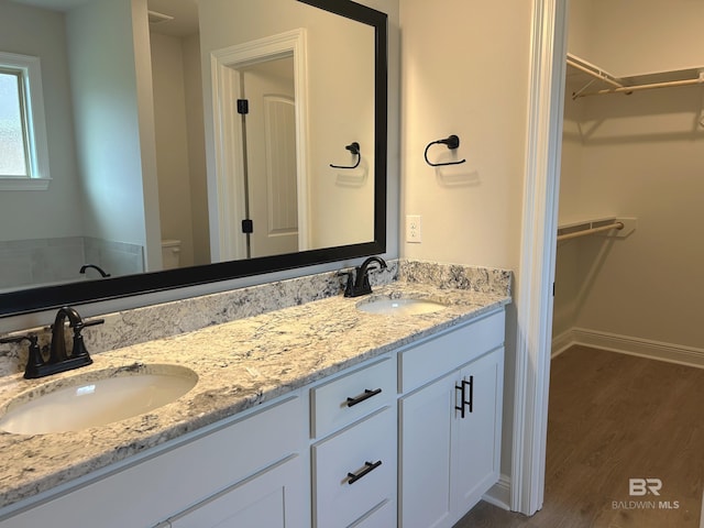 bathroom featuring double vanity, a sink, a spacious closet, and wood finished floors
