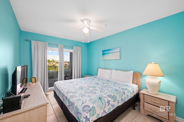 tiled bedroom with access to exterior and ceiling fan