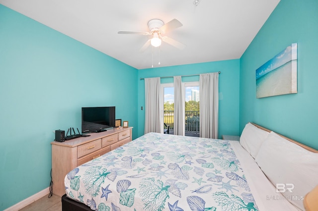 bedroom featuring access to exterior and ceiling fan