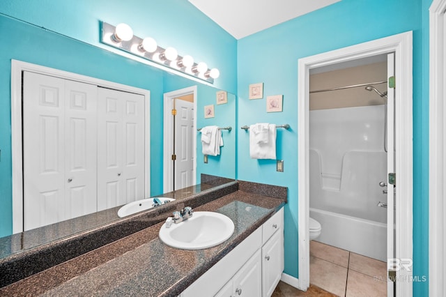 full bathroom featuring vanity, toilet, shower / tub combination, and tile patterned floors