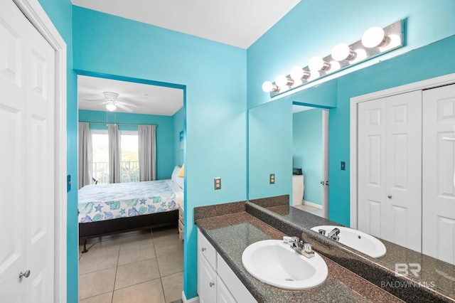 bathroom with vanity, ceiling fan, and tile patterned floors