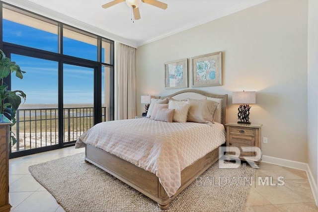 tiled bedroom featuring a wall of windows, baseboards, ceiling fan, ornamental molding, and access to exterior