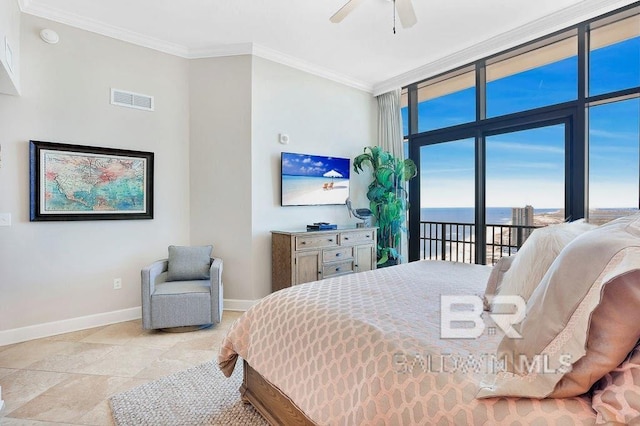 bedroom with visible vents, floor to ceiling windows, crown molding, baseboards, and access to exterior