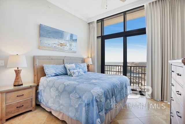 bedroom featuring light tile patterned floors, ornamental molding, floor to ceiling windows, and access to outside