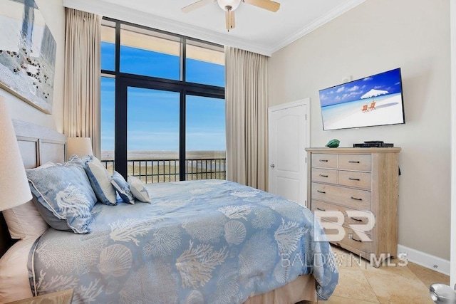 bedroom featuring access to exterior, ceiling fan, crown molding, and baseboards