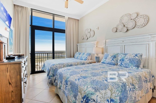 bedroom with crown molding, light tile patterned flooring, access to exterior, and ceiling fan