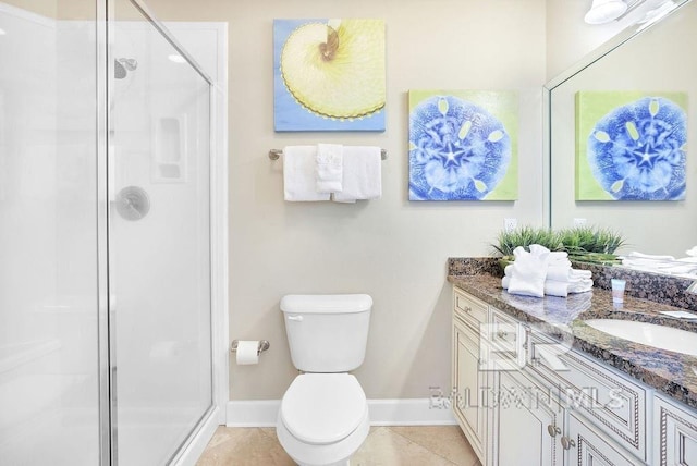 full bath with toilet, a shower stall, tile patterned flooring, baseboards, and vanity