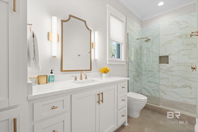 full bath with a marble finish shower, toilet, vanity, and crown molding