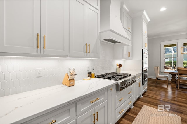 kitchen featuring custom exhaust hood, dark wood-style flooring, decorative backsplash, appliances with stainless steel finishes, and white cabinetry