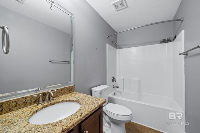 full bathroom with toilet, shower / bathing tub combination, a textured ceiling, vanity, and tile patterned flooring