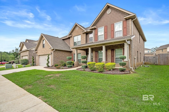 craftsman-style house featuring a porch, a garage, and a front yard