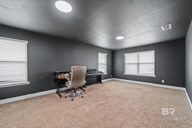 office with carpet floors and a textured ceiling