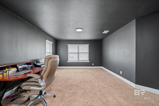 carpeted office space with a textured ceiling