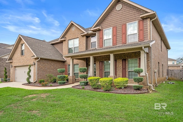 view of front of home with a garage, covered porch, and a front lawn