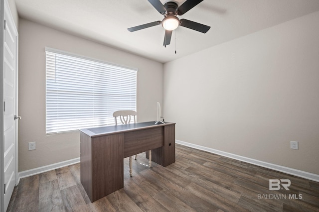 home office with ceiling fan and dark wood-type flooring