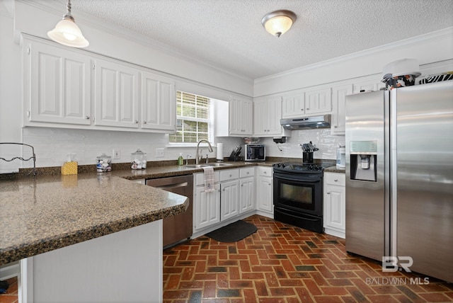 6417 Magnolia Place Ct, Mobile, AL 36695 - kitchen featuring appliances with stainless steel finishes, a sink, under cabinet range hood, brick patterned floors, and white cabinets