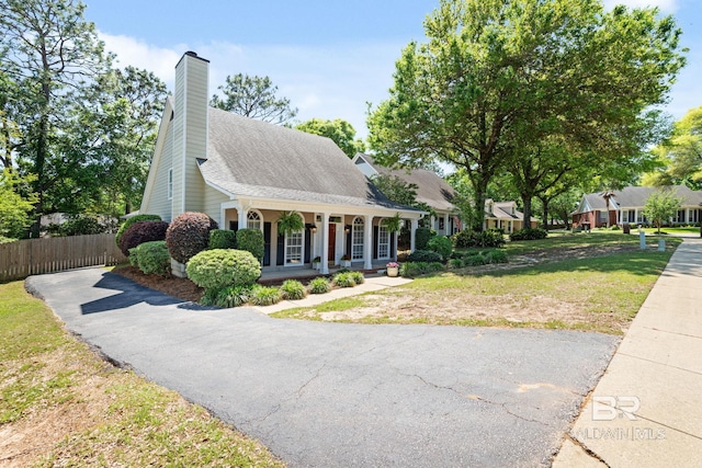 6417 Magnolia Place Ct, Mobile, AL 36695 - view of front of property featuring covered porch, fence, asphalt driveway, a chimney, and roof with shingles