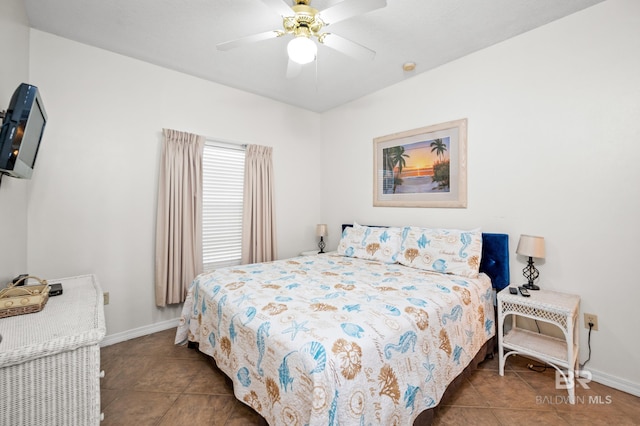 bedroom featuring ceiling fan, baseboards, and tile patterned floors