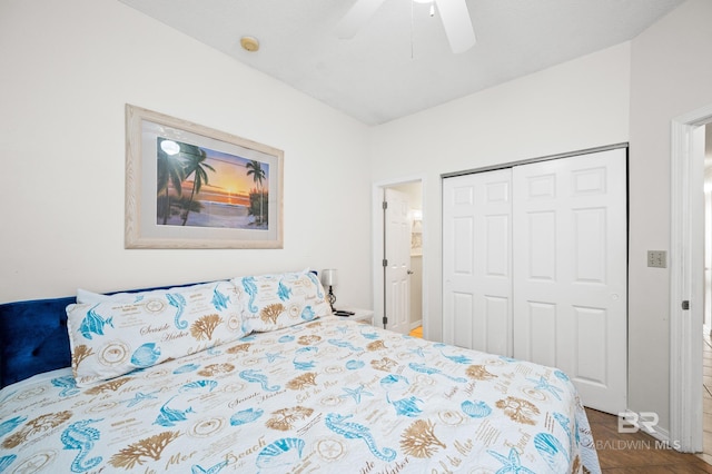 bedroom with ceiling fan and a closet