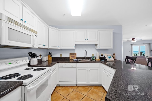 kitchen featuring white cabinets, white appliances, ceiling fan, and sink