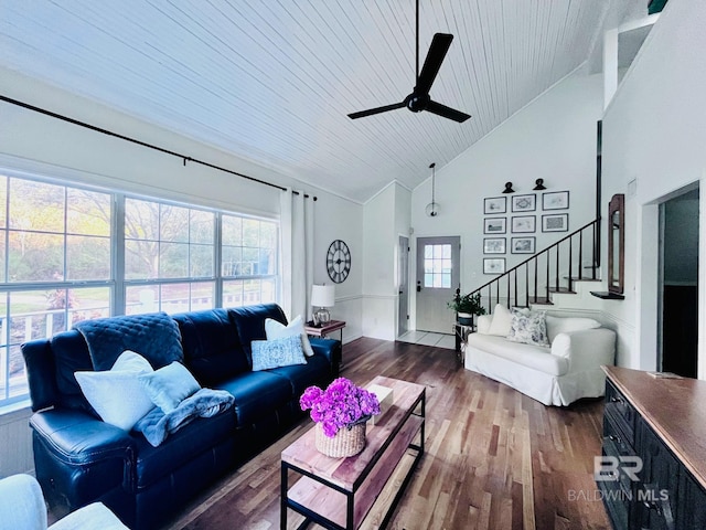 living room featuring hardwood / wood-style flooring, high vaulted ceiling, ceiling fan, and wood ceiling