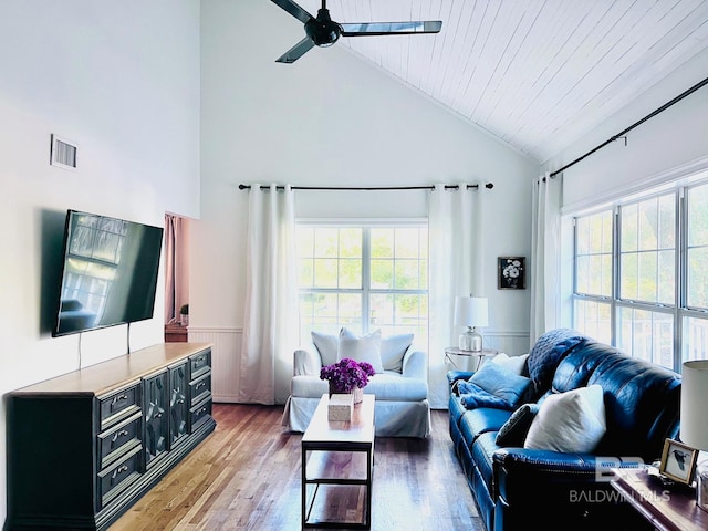 living room featuring ceiling fan, hardwood / wood-style floors, high vaulted ceiling, and wood ceiling