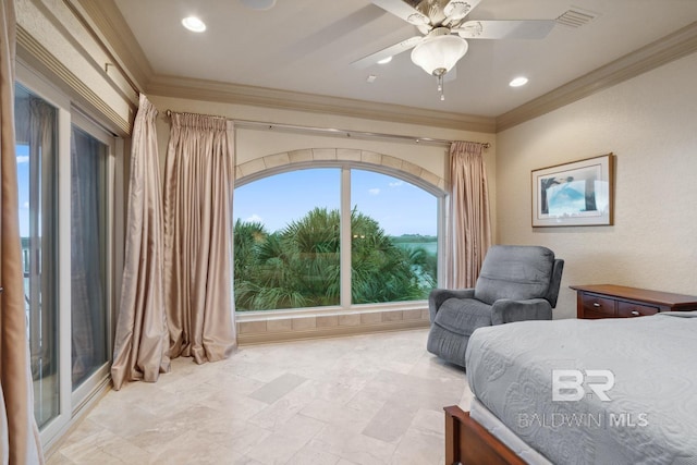 28452 Ono Blvd, Orange Beach, AL 36561 - bedroom with ornamental molding, ceiling fan, and recessed lighting