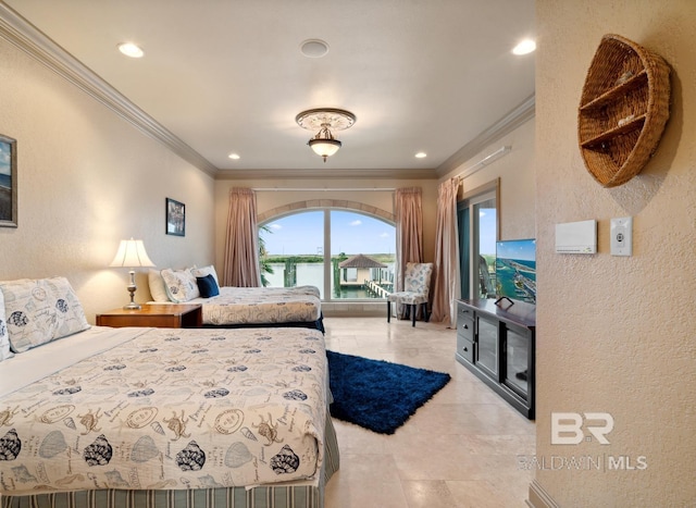28452 Ono Blvd, Orange Beach, AL 36561 - bedroom with crown molding, a textured wall, recessed lighting, and light tile patterned floors