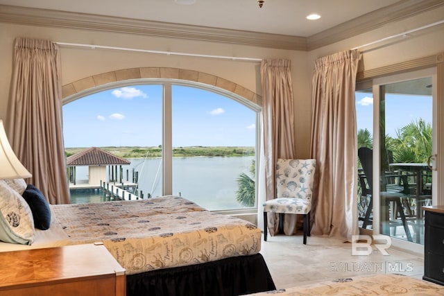 28452 Ono Blvd, Orange Beach, AL 36561 - bedroom with ornamental molding, a water view, and access to outside