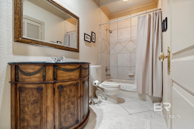 28452 Ono Blvd, Orange Beach, AL 36561 - bathroom featuring ornamental molding, vanity, shower / tub combo with curtain, and tile patterned flooring