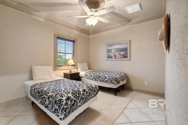 28452 Ono Blvd, Orange Beach, AL 36561 - bedroom featuring crown molding, light tile patterned floors, a textured wall, and ceiling fan