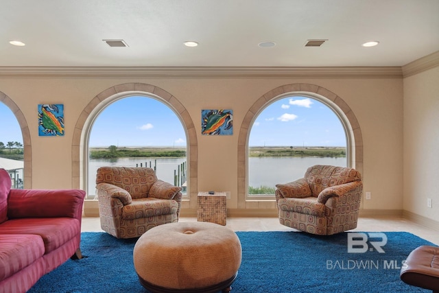 28452 Ono Blvd, Orange Beach, AL 36561 - sitting room featuring a water view and crown molding