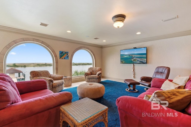28452 Ono Blvd, Orange Beach, AL 36561 - living room with ornamental molding, carpet, and recessed lighting