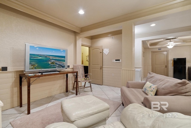 28452 Ono Blvd, Orange Beach, AL 36561 - living room with ornamental molding, wainscoting, light tile patterned flooring, recessed lighting, and a ceiling fan