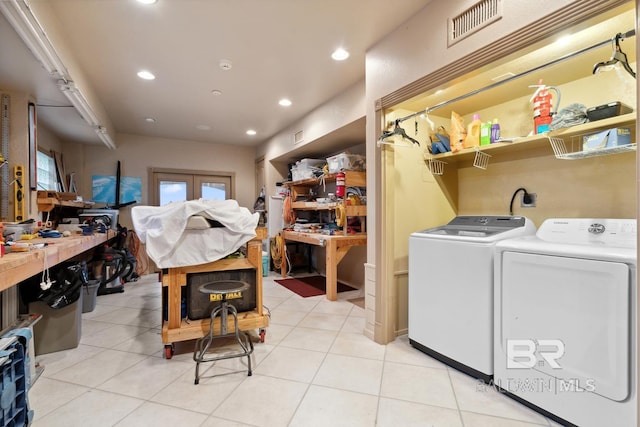 28452 Ono Blvd, Orange Beach, AL 36561 - laundry area with separate washer and dryer, a workshop area, recessed lighting, and light tile patterned flooring