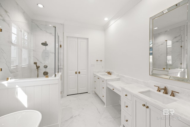 bathroom with crown molding, vanity, and shower with separate bathtub