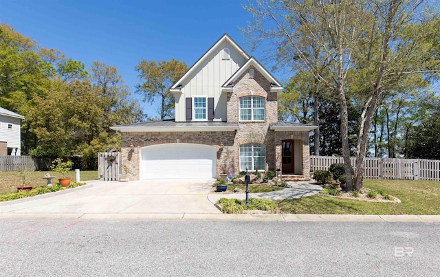 view of front facade featuring fence, metal roof, board and batten siding, driveway, and a garage