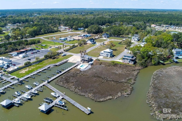 aerial view with a water view and a view of trees