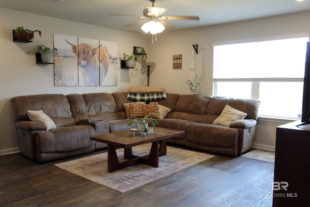 living room with dark wood-type flooring and ceiling fan