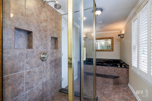 bathroom featuring tile patterned flooring, plenty of natural light, crown molding, and independent shower and bath