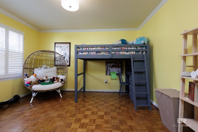 bedroom featuring dark parquet floors and ornamental molding