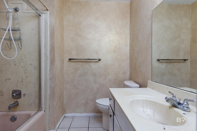 full bathroom with shower / bath combination with glass door, vanity, tile patterned floors, and toilet