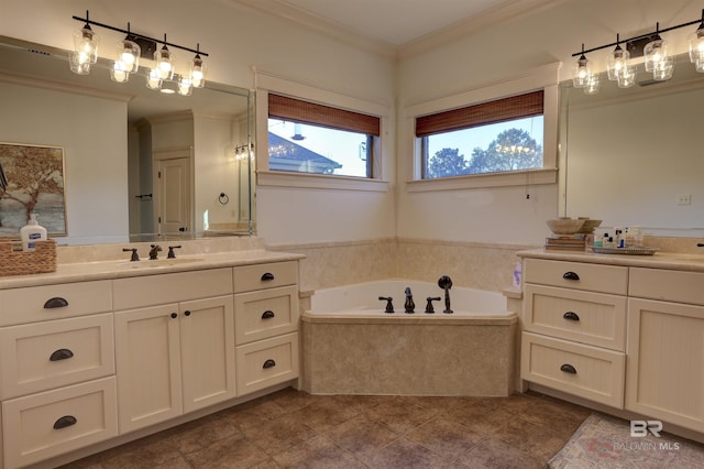 full bath with a bath, vanity, and ornamental molding