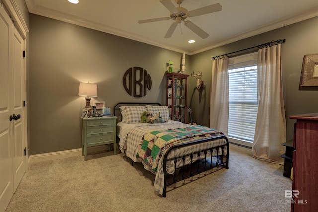 bedroom with carpet flooring, recessed lighting, baseboards, and ornamental molding