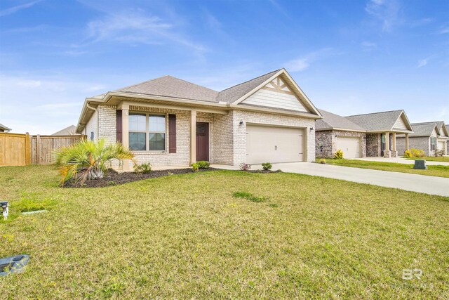 view of front facade featuring an attached garage, brick siding, driveway, and a front lawn