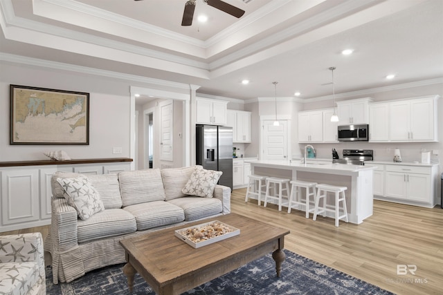 living room featuring ornamental molding, a tray ceiling, light wood finished floors, and recessed lighting