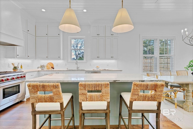 kitchen with a healthy amount of sunlight, custom exhaust hood, luxury range, and a sink