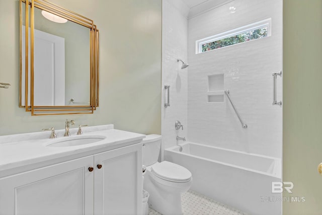 full bath with tub / shower combination, vanity, and toilet